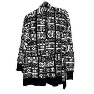 Rachel Zoe Womens Belted Tie Waist Cardigan Aztec Print Black White Size XL
